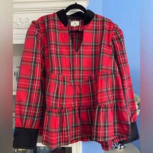 Tuckernuck Red Stewart Plaid Tartan Tiered Taffeta & Velvet Top